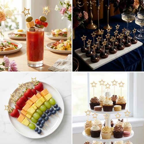Jiooil Bear 100 Pcs Gold Star Cocktail Picks - 5.5 Inch Party Decor, Christmas & New Year