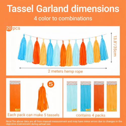 Orange and Blue Tissue Paper Tassel Garland - 20 Pack Party Decoration