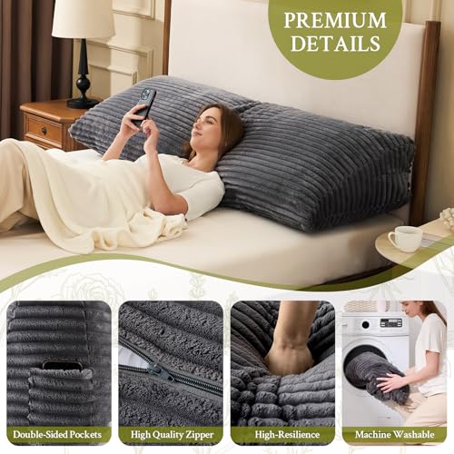 Queen Headboard Wedge Pillow with Removable Cover & Pockets