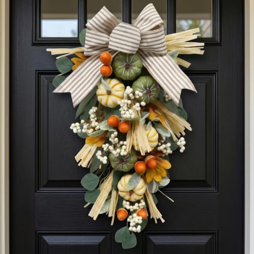 24-Inch Fall Pumpkin Teardrop Swag with Warm LED Lights for Front Door