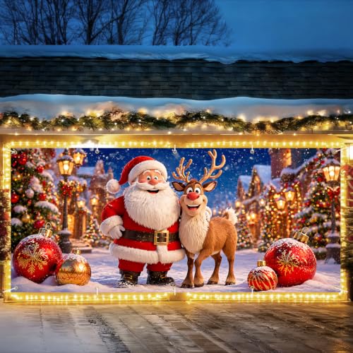 THISFIND 7x16 FT Santa & Reindeer Christmas Garage Door Banner - Outdoor Wall Mural