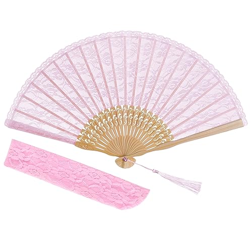 Pink Lace Handheld Bamboo Folding Fan with Tassel for Weddings and Parties