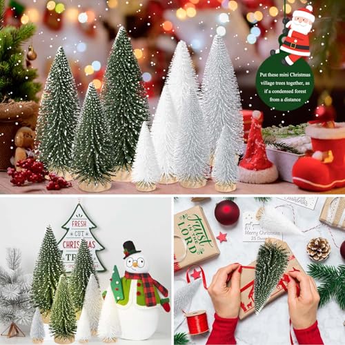 KPX 9pcs Mini Christmas Tree Set - Green, Silver, White Desktop Artificial Pine Trees with Wooden Bases