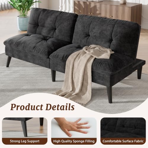 Convertible Velvet Futon Sofa Bed, Adjustable Reclining Couch for Small Spaces