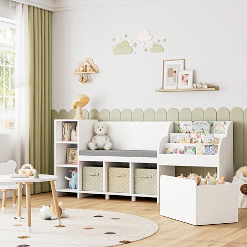 Kids Reading Nook with Bookshelf, Toy Storage Bench, and Mobile Toy Box