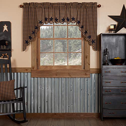 Navy Star Scalloped Swag Curtains, Cotton Country Window Set, 36x36 Inch
