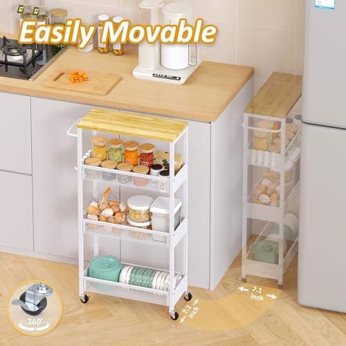 7.1-Inch Slim 4-Tier Rolling Storage Cart on Wheels with Wood Top