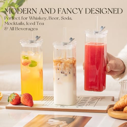 KEMORELA Clear Square Drinkware Set - 6 Pcs, 17 oz Modern Glass Tumblers with Lids & Straws