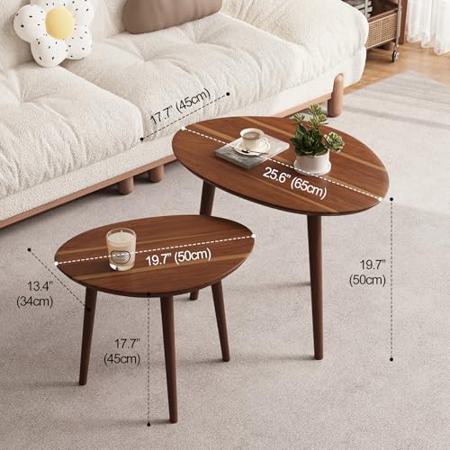 Small Oval Coffee Tables Set - Walnut Mid-Century Modern Nesting Tables