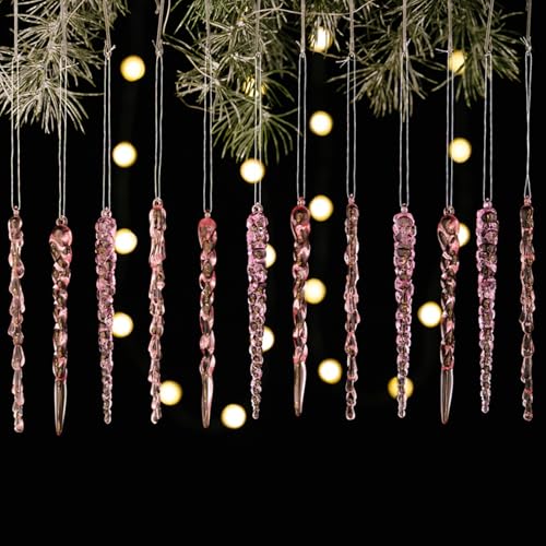 Pink Christmas Icicle Ornaments 24pcs - Shatterproof Acrylic Tree Decorations