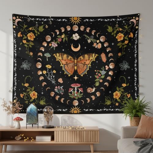 Orange Butterfly Moon Floral Tapestry - Boho Wall Hanging Decor (36" x 48")