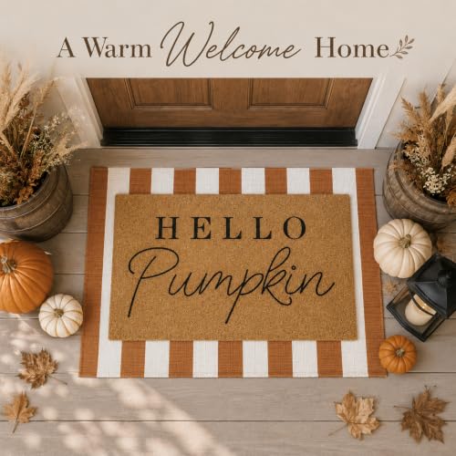 Hello Pumpkin 2-Piece Layered Doormat Set for Fall Farmhouse Entryway