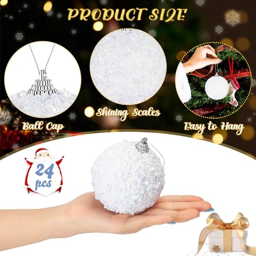 White 24Pcs 3.15 Inch Glitter Christmas Tree Ornaments Holiday Decorations