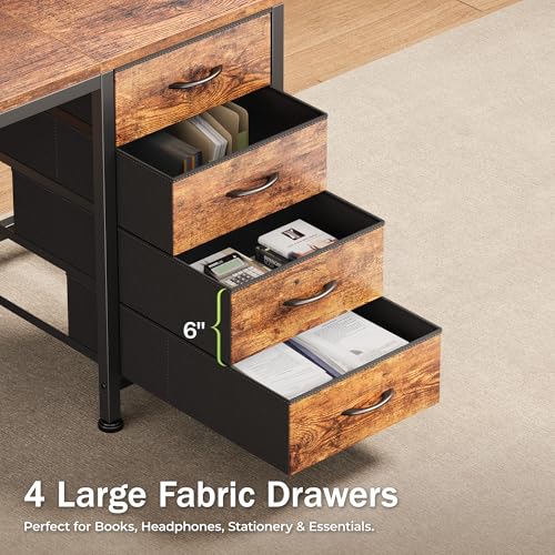 55-Inch Computer Desk with Built-In Power Outlets & 4 Drawers - Rustic Brown