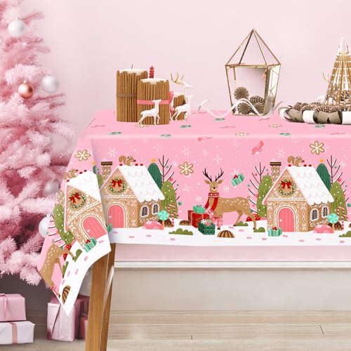 3 Pack Pink Christmas Plastic Tablecloths with Gingerbread Reindeer 54x108 Inch