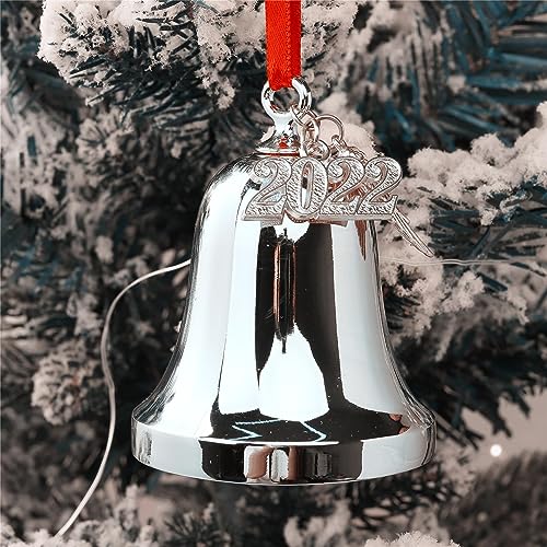 2026 Christmas Bell Ornament with Angel Wing Charm, Silver Metal Keepsake