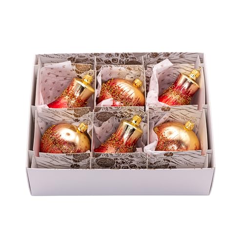 Red & Gold Classic Hand-Blown European Glass Christmas Bell Ornaments Set of 6 (8 cm) - Mouth-Painted