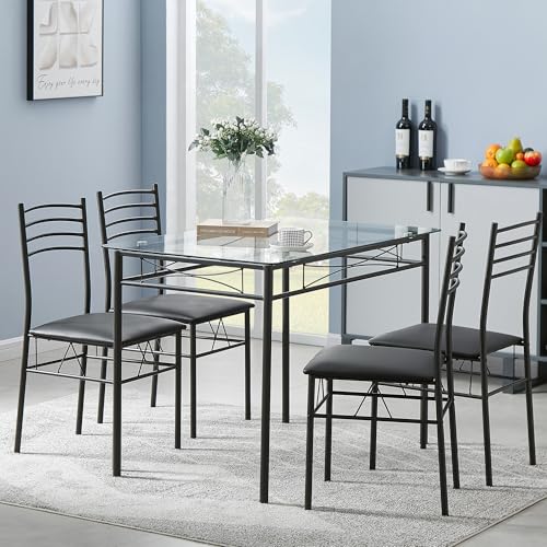 5-Piece Glass Dining Table Set for 4 with Upholstered Chairs, Black
