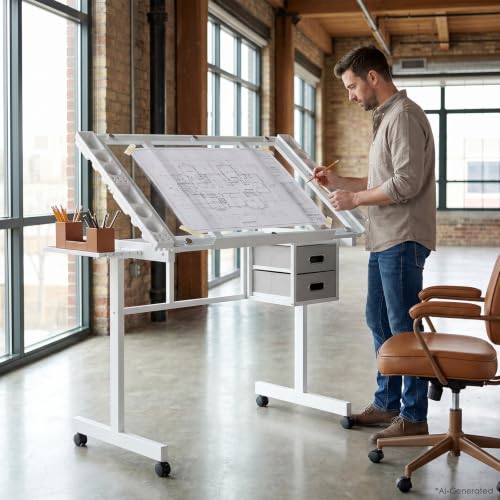Adjustable Drafting Table with Glass Top, Rolling Art Desk with Drawers
