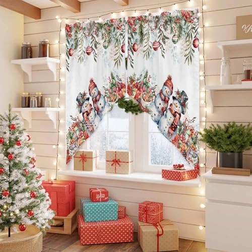BEMIGO Christmas Red Eucalyptus Valance Set of 2 28W x 36L, Rod Pocket Farmhouse Curtains