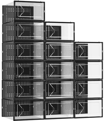 15 Pack Clear Stackable Shoe Storage Boxes - Interlocking Plastic Organizers