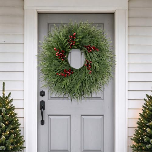 26IN Norfolk Pine Christmas Wreath with Red Berries for Front Door Decor