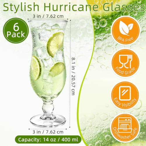 Clear Hurricane Glasses 6 Pack - 14 oz Tropical & Cocktail Drinking Cups
