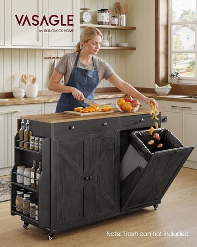 Mobile Kitchen Island Cart with Drop Leaf and Hidden Trash Can Storage