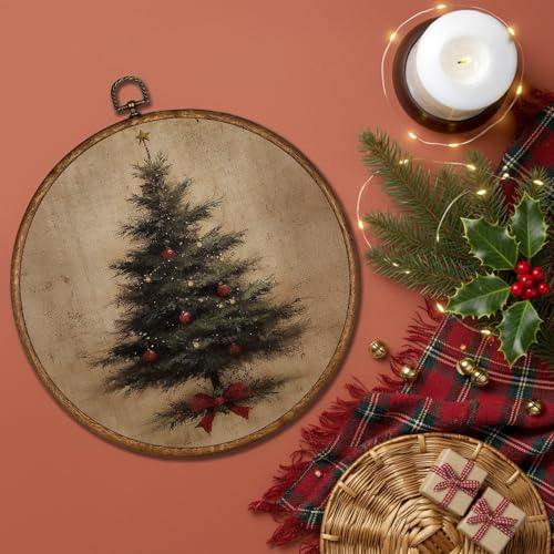 Voxitura Vintage Winter Christmas Tree Wall Art Round Framed - Coquette Bow 10x10in (Tree Bow Variation)