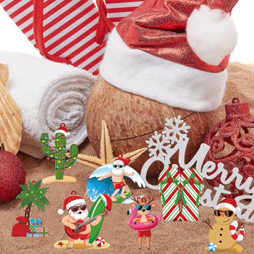 MorningRo Fresh 20 Pcs Tropical Christmas in July Metal Tree Ornaments - Beach Santa Flamingos Coconut Decor