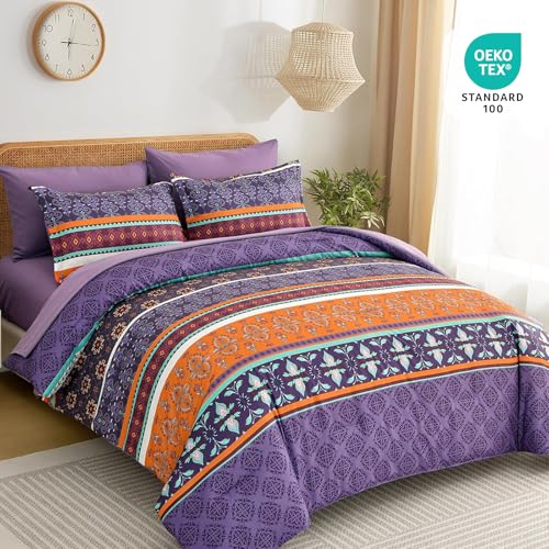 Queen Boho Comforter Set 7-Piece - Purple Paisley Microfiber Bedding Set