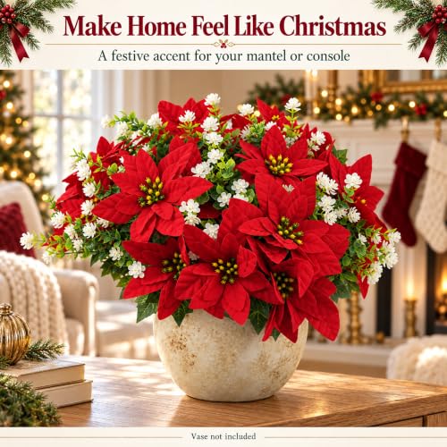 Artificial Poinsettia Flowers Set - 13 Pcs Red & White Camellias for Holiday Decor