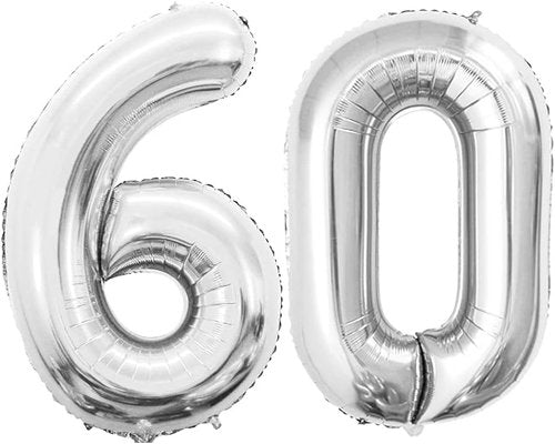 GOER 60th Birthday Balloons - 42 Inch Jumbo Silver Foil Helium Decorations for 60th Anniversary