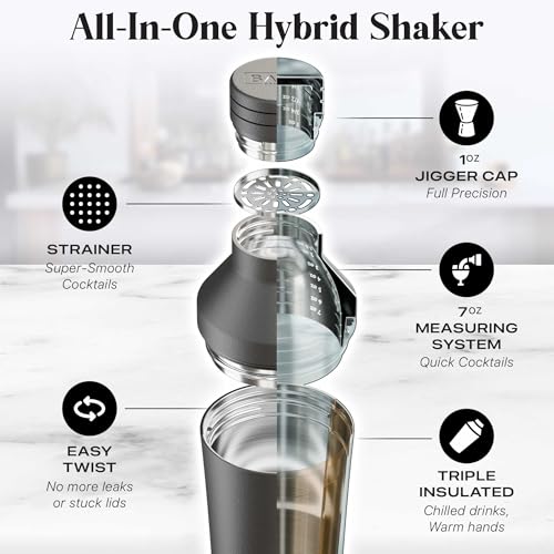 Bare Barrel Matte Black Insulated Cocktail Shaker Set with Built-in Measure, Strainer & Travel Bag