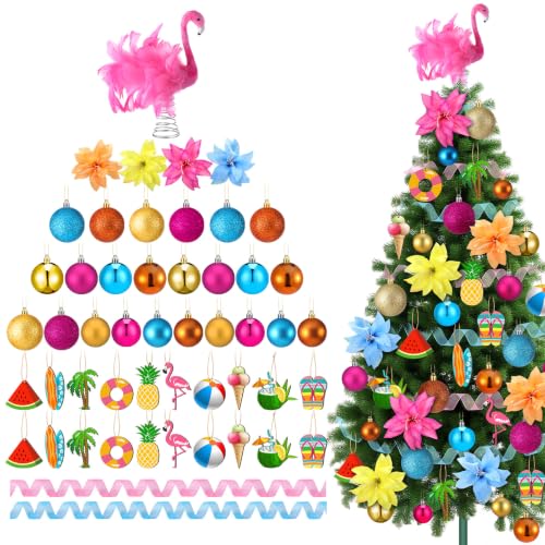 65 Pcs Tropical Summer Christmas Tree Ornaments Set with Flamingo Topper