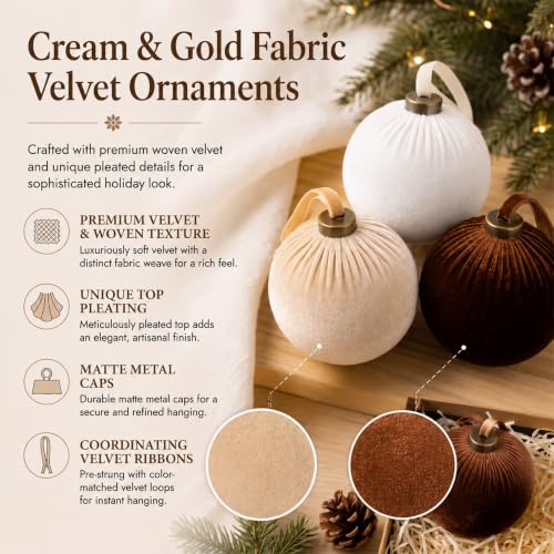 HyDren 6 Pcs Velvet Christmas Ornaments Beige Brown Mix 4 Inches - Holiday Tree Decor