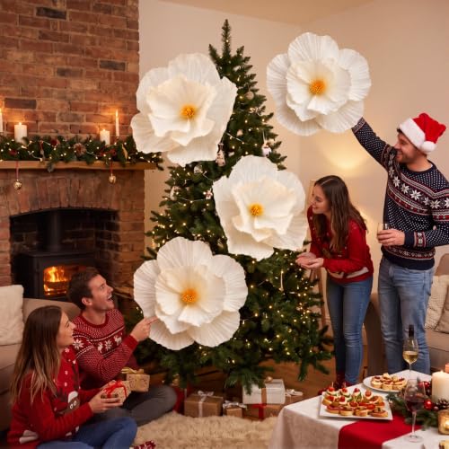 Riceshoot 4 Pcs 24in White Giant Christmas Paper Flowers - Xmas Wall Decor