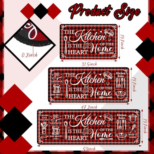 3-Piece Farmhouse Kitchen Rug Set, Non-Slip Red Mats for Floor & Home Decor