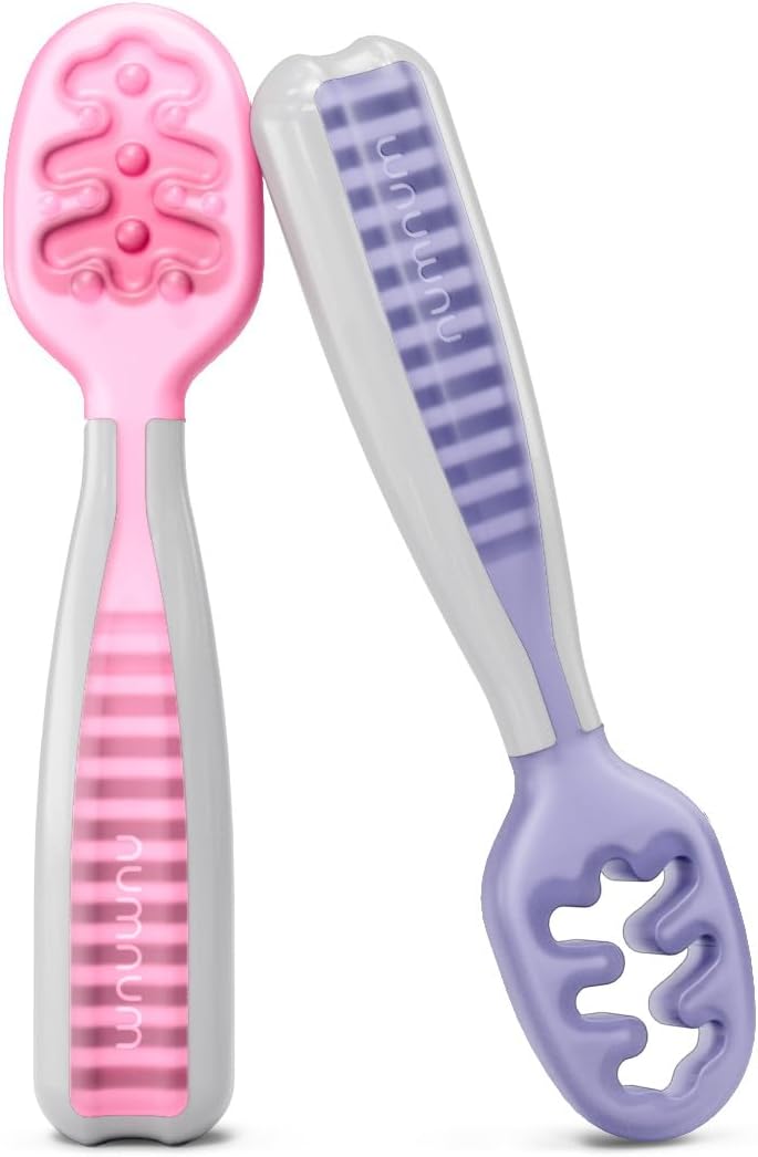 NumNum Baby Spoons Set - Silicone Self-Feeding Utensils for 6+ Months | BPA-Free, 2 Pack in Frosty Lilac/Rosebud