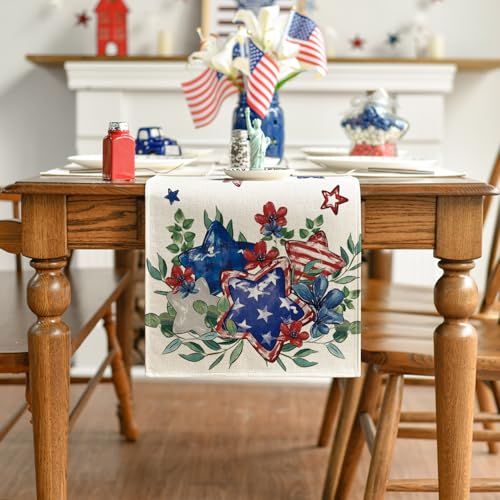 Artoid Mode Eucalyptus Flowers Stars 13x72 Inch Patriotic Table Runner beige