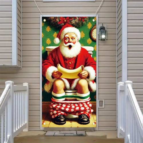 Funny Santa Bathroom Door Cover 71 x 35 in—Naughty List Scroll Christmas Banner for Xmas Party
