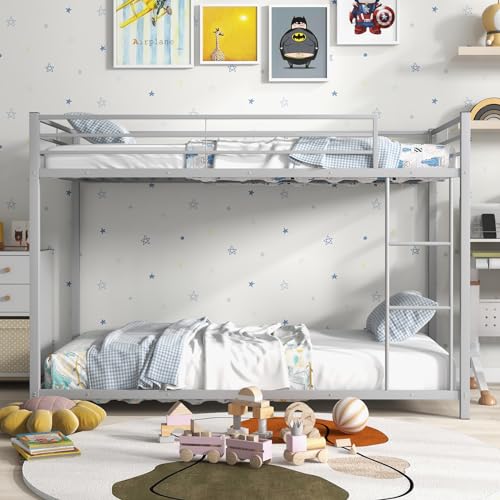 Twin Over Twin Metal Bunk Bed, Heavy Duty Low Floor Bed Frame with Ladder