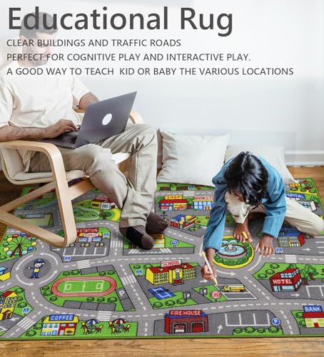 City Life Kids Playmat Rug - 3'3" x 5'2" Washable Traffic Road Area Rug