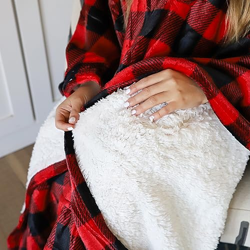 Tirrinia Super Soft Sherpa Fleece Wearable Poncho Blanket for Adults & Kids - Red Plaid