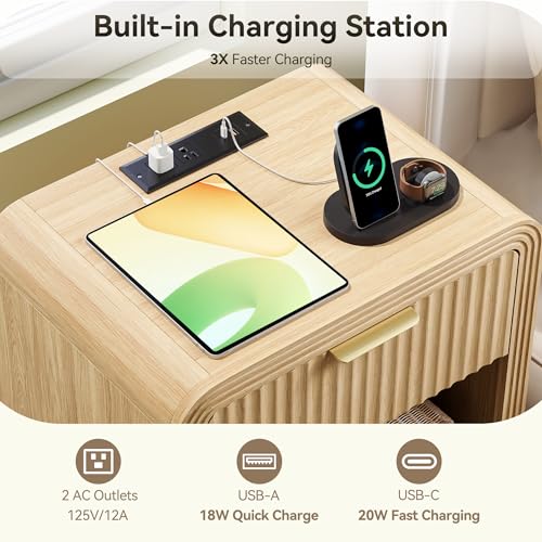 Fluted 1-Drawer Nightstand with USB Charging Station - Oak Bedside Table