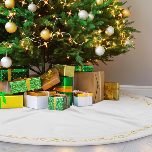60 Inch White Velvet Christmas Tree Skirt with Gold Embroidery - Classical Style