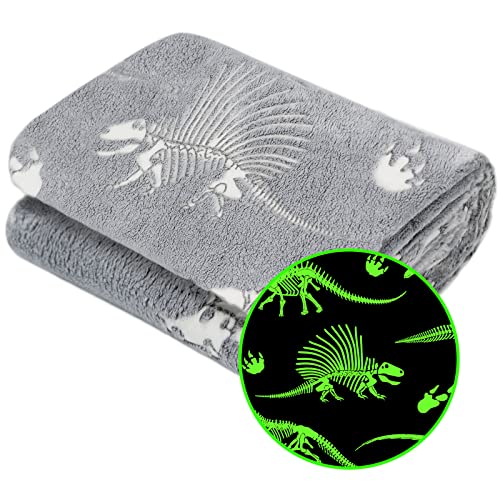 Glow in the Dark Dinosaur Throw Blanket, Soft Plush 50"x60" Gray