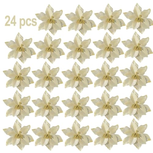 Bodosac 24Pcs Glitter Poinsettia Christmas Flowers with Clips 5in - Gold