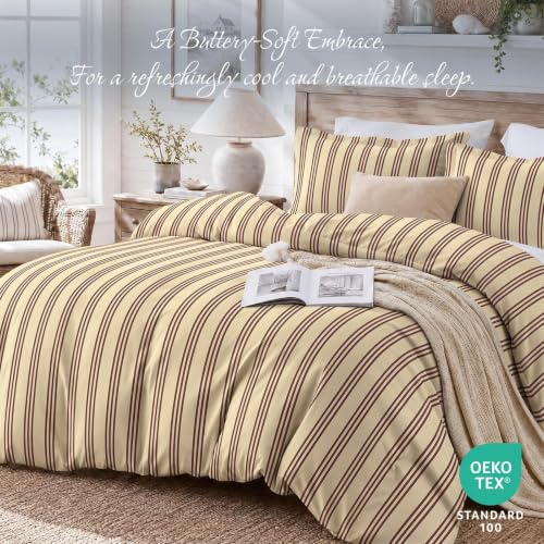 Queen Brown Striped Duvet Cover Set - Soft Brushed Microfiber Bedding
