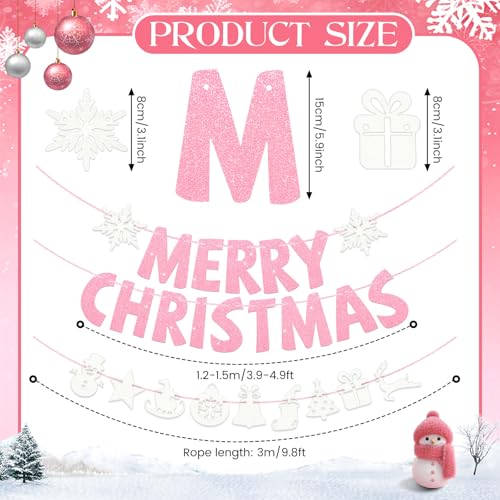 Pink Merry Christmas Banner Decorations Set - Indoor Holiday Wall Signs, Includes 3 Pre-Assembled Pink/Classic Variations